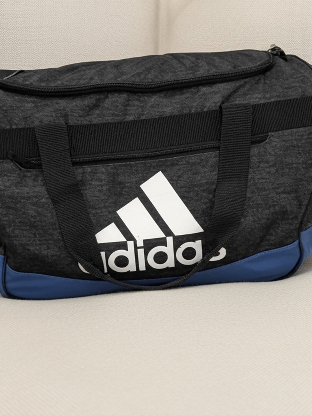 adidas Black Duffel Bag with Blue Base and White Logo